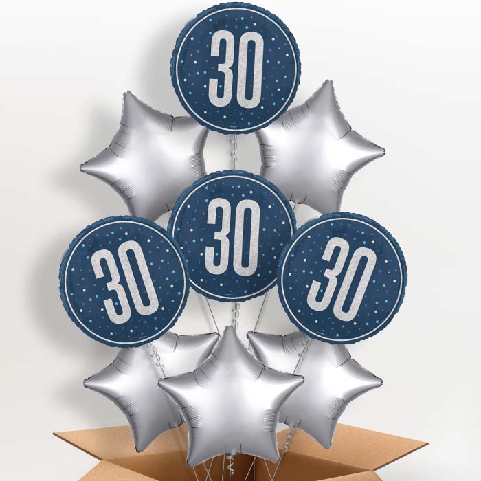 Navy Blue and Silver 30th Birthday Helium Balloon in a Box - 9 Balloon | Party Save Smile