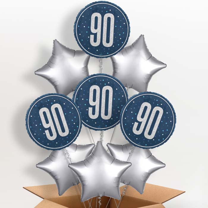Navy Blue and Silver 90th Birthday Helium Balloon in a Box - 9 Balloon | Party Save Smile