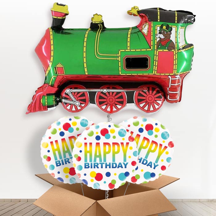 Giant Green Train Helium Balloon in a Box - With 3 Themed Balloons | Party Save Smile