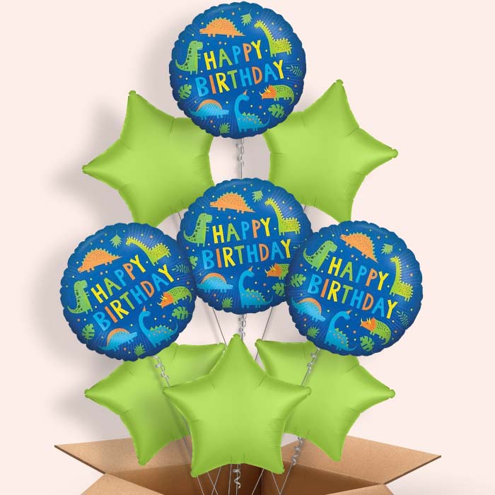 Colourful Happy Birthday Dinosaur Helium Balloon in a Box - 9 Balloons | Party Save Smile