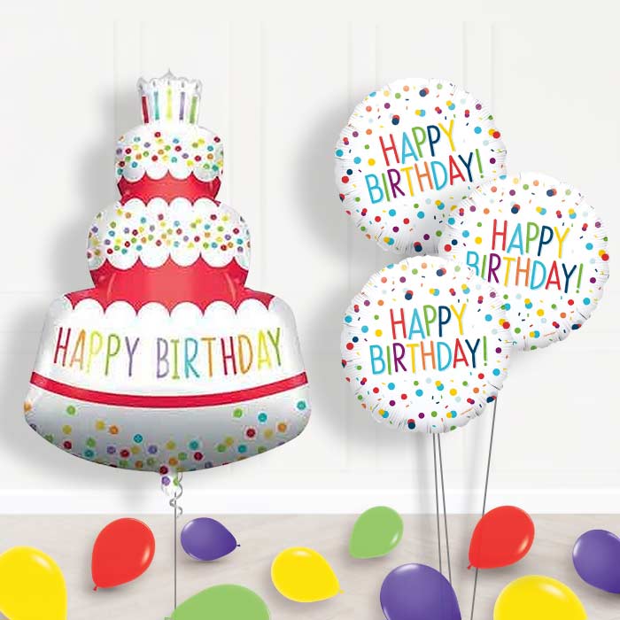 Colourful Happy Birthday Cake Shaped Balloon Bouquet Delivery - 1 x Giant Balloon with Themed Bouquet and Latex
