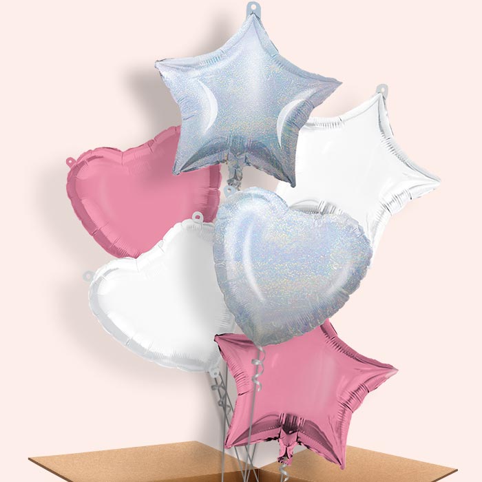 Mixed Pink Iridescent and White 6 Helium Balloons Bouquet | Party Save Smile