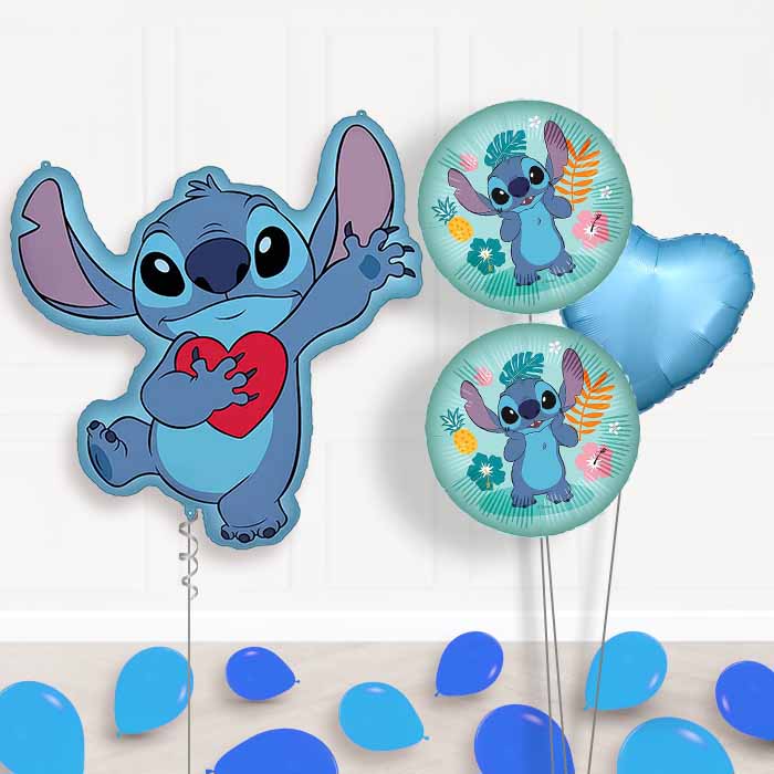 Stitch with Heart Balloon Bouquet Delivery | Giant Balloon + 2 Themed Balloons + 1 Plain Balloon + Mini Balloons