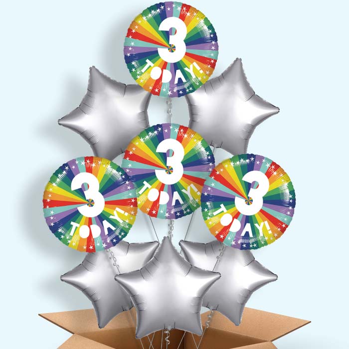 Age 3 3rd Birthday Rainbow Helium Balloon in a Box - 9 Balloon | Party Save Smile