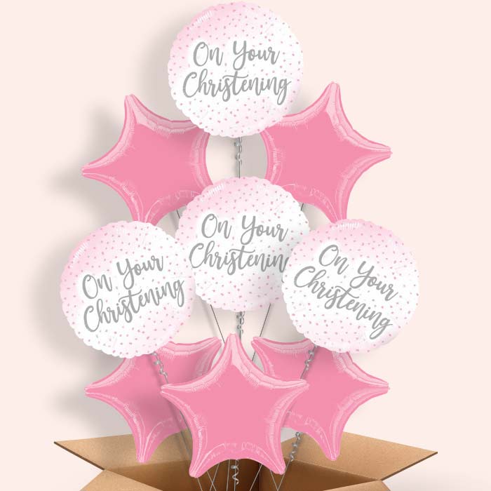On Your Christening Helium Balloons Pink Confetti in a Box - 9 Balloon | Party Save Smile