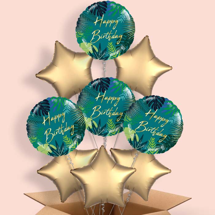 Tropical Leaf Birthday Helium Balloons in a Box - 9 Balloon | Party Save Smile