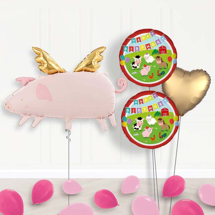 Flying Pig Balloon Bouquet Delivery-Giant Balloon + 2 Themed Balloons + 1 Plain Balloon + Mini Balloons | Party Save Smile
