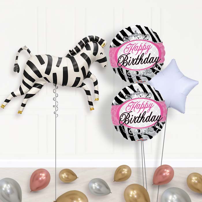 Zebra Shaped Balloon Bouquet Delivery-Giant Balloon + 2 Themed Balloons + 1 Plain Balloon + Mini Balloons