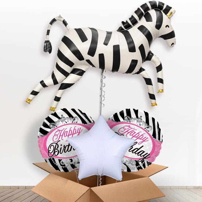 Zebra Shaped Helium Filled Balloon in a Box-1 x Giant Balloon and 2 Themed Balloons and 1 Plain Balloon