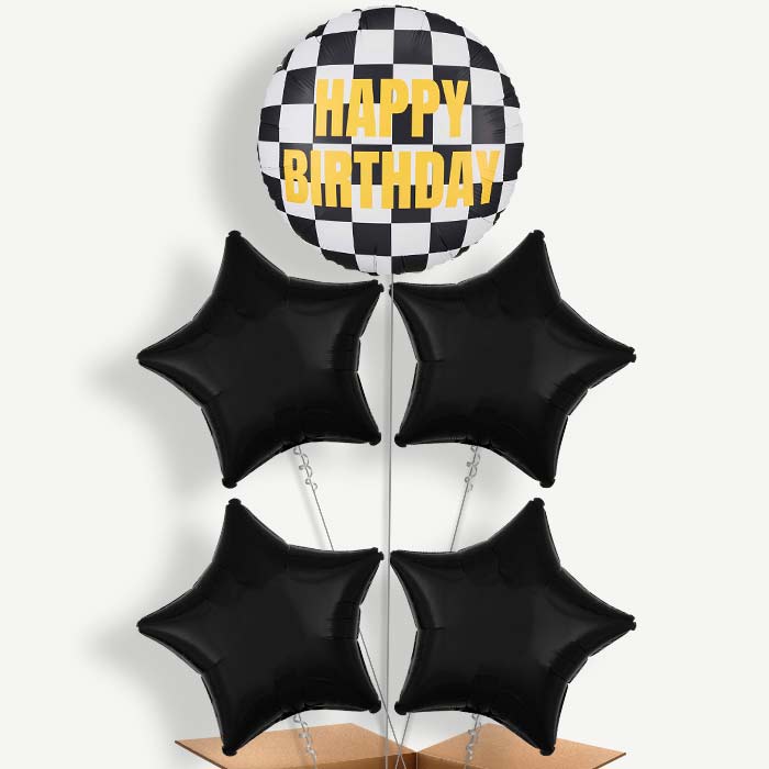 Chequered Flag Happy Birthday 5 Helium Cluster Balloons | Party Save Smile