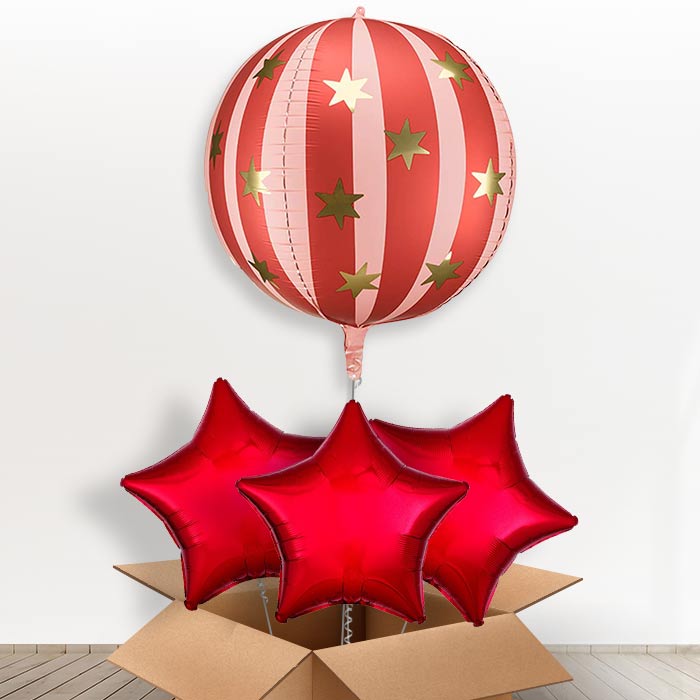 Red Starry Circus Globe Giant Helium Balloon in a Box-Giant Balloon + 3 Plain Balloons | Party Save Smile