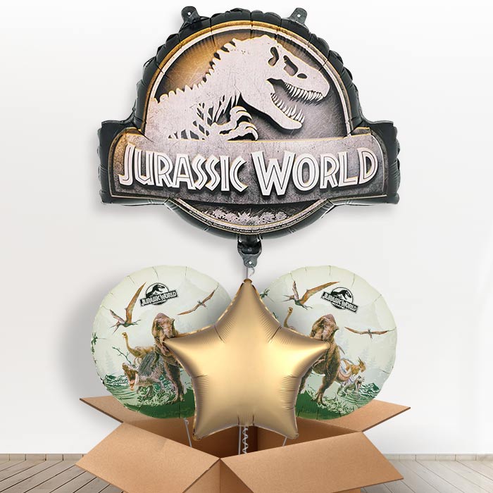 Jurassic World Logo Giant Helium Balloon in a Box-Giant Balloon + 2 Themed Balloons + 1 Plain Balloon | Party Save Smile