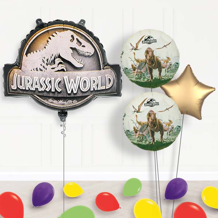 Jurassic World Logo Balloon Bouquet Delivery-Giant Balloon + 2 Themed Balloons + 1 Plain Balloon + Mini Balloons | Party Save Smile