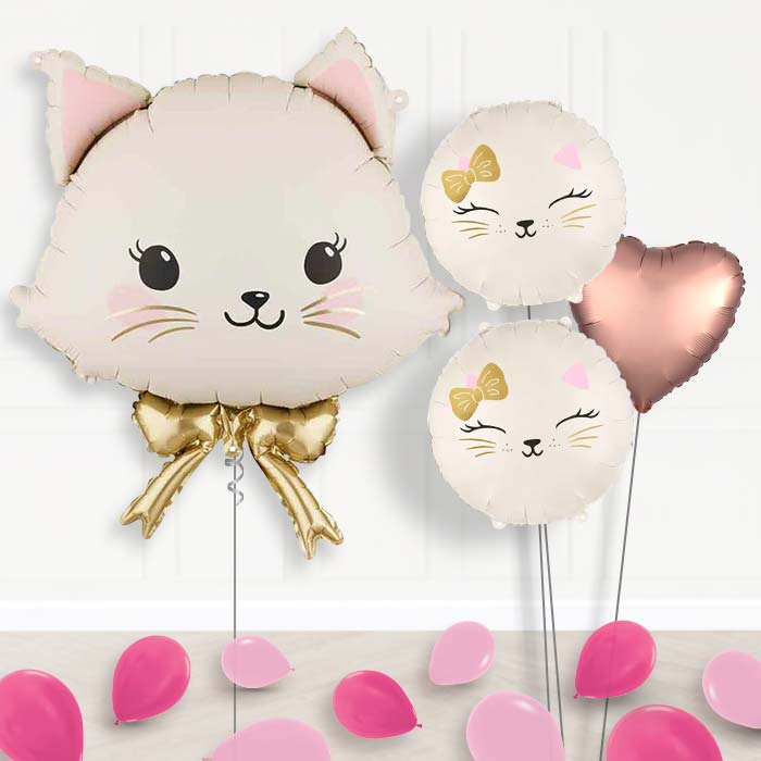 White Cat with Bow Balloon Bouquet Delivery-Giant Balloon + 2 Themed Balloons + 1 Plain Balloon + Mini Balloons | Party Save Smile