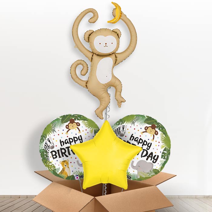 Monkey Giant Helium Balloon in a Box-Giant Balloon + 2 Themed Balloons + 1 Plain Balloon | Party Save Smile