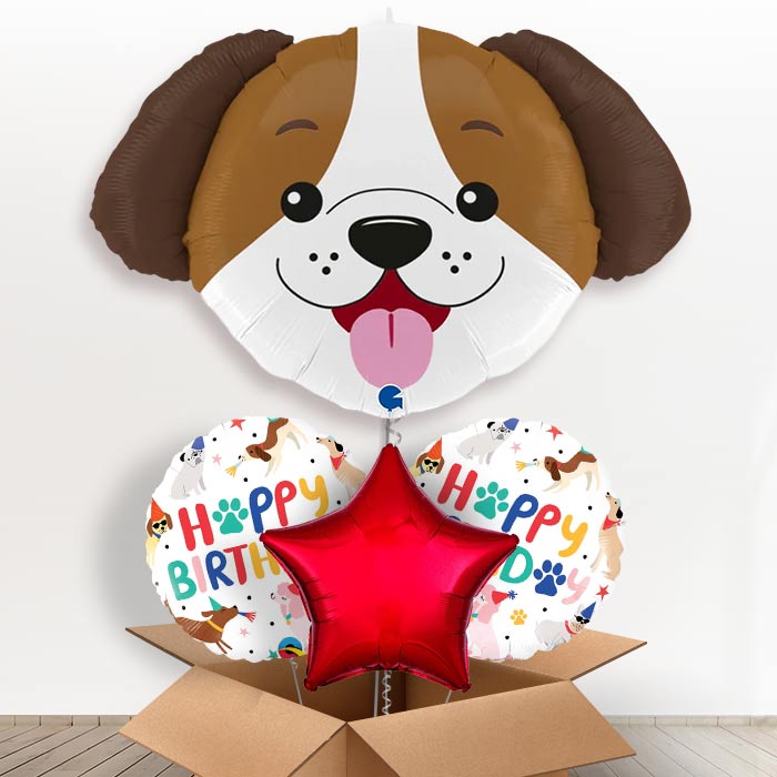 Large Cute Puppy Helium Balloon in a Box-1 x Giant Balloon and 2 Themed Balloons and 1 Plain Balloon