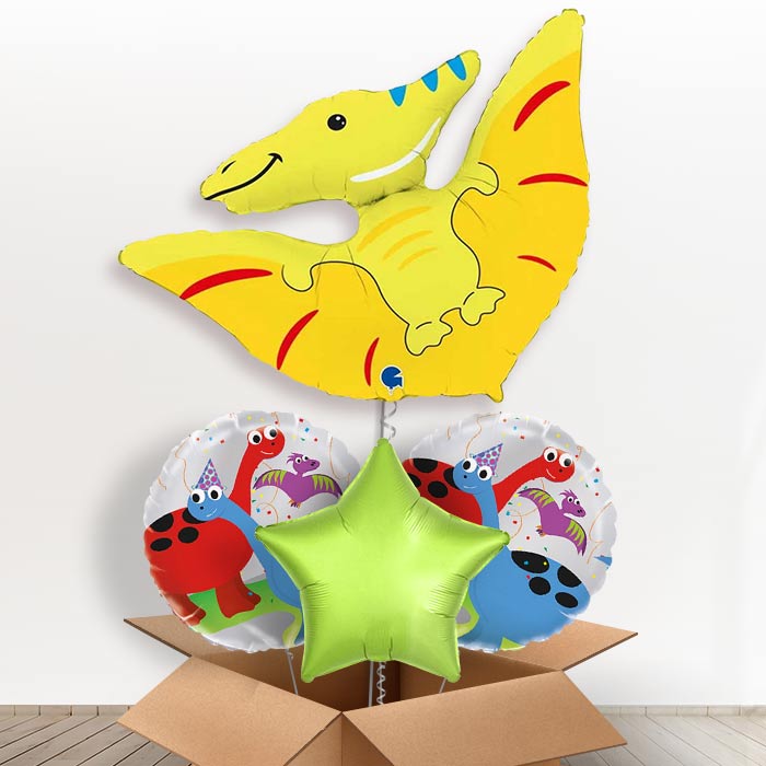 Yellow Shaped Pterodactyl Helium Balloon in a Box-1 x Giant Balloon and 2 Themed Balloons and 1 Plain Balloon