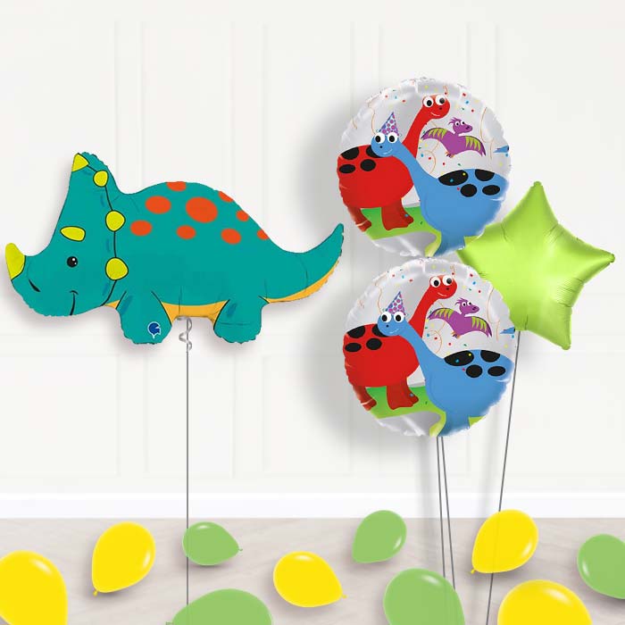 Green Triceratops Shaped Balloon Bouquet Delivery-Giant Balloon + 2 Themed Balloons + 1 Plain Balloon + Mini Balloons