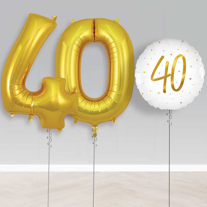 White and Gold 40th Birthday Helium Balloon Set | Party Save Smile