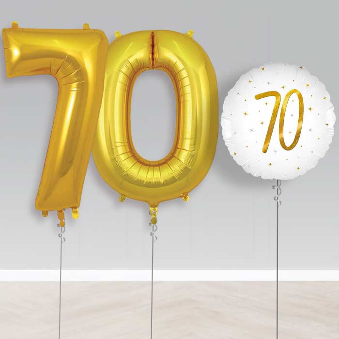 White and Gold 70th Birthday Helium Balloon Set | Party Save Smile
