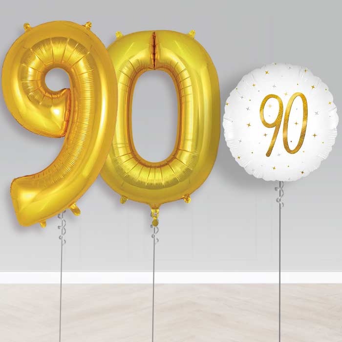 White and Gold 90th Birthday Helium Balloon Set | Party Save Smile