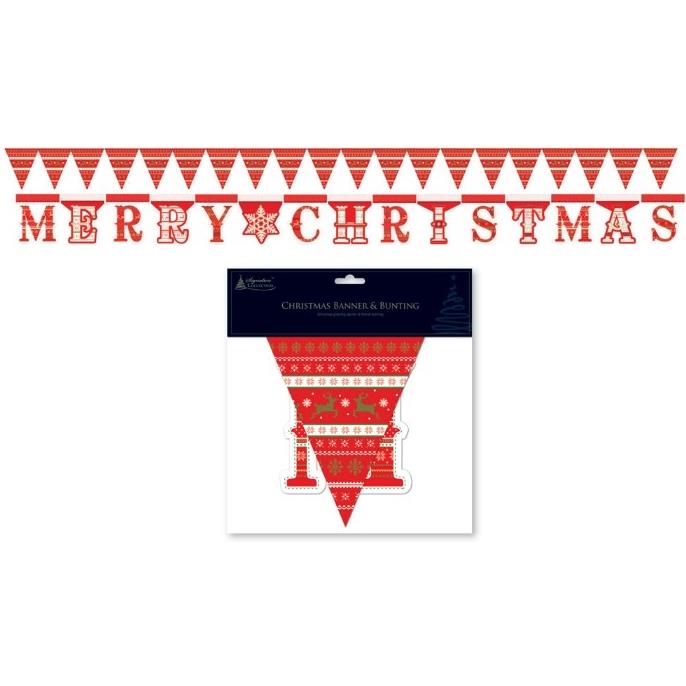 Red Reindeer Merry Christmas Banner and Bunting Decoration | Party Save Smile