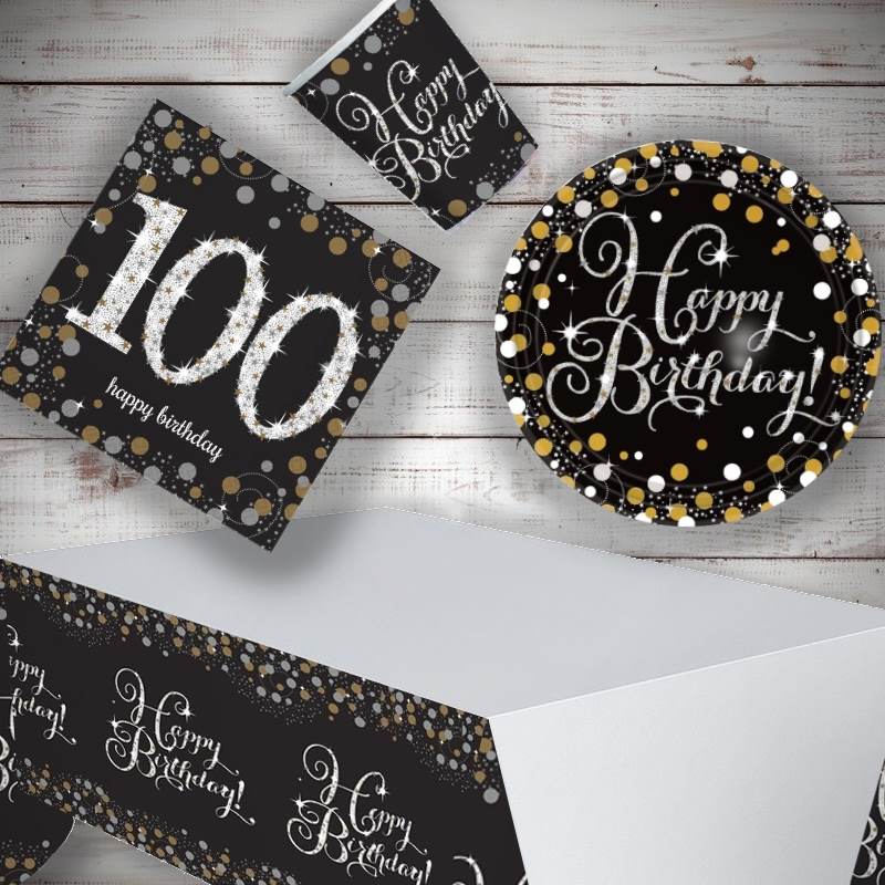 Gold & Black 100th Birthday Party Pack: Tableware Party Kit | Party Save Smile