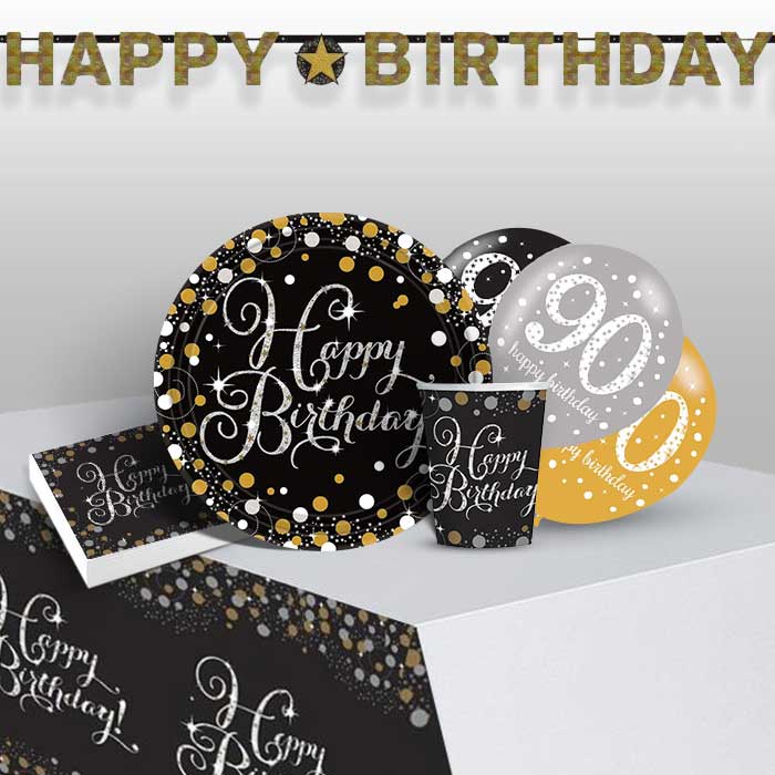 90th Birthday Party Packs - Gold Sparkle | Party Save Smile