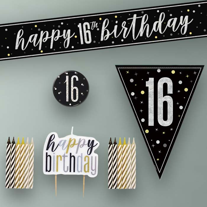 Black and Silver 16th Birthday Decoration Package
