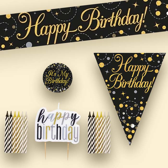 Black & Gold Happy Birthday Decoration Package - Party Save Smile