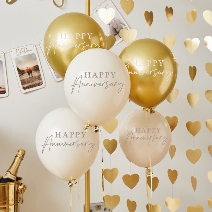 Gold and White Anniversary Latex Balloons 5 Pack | Party Save Smile