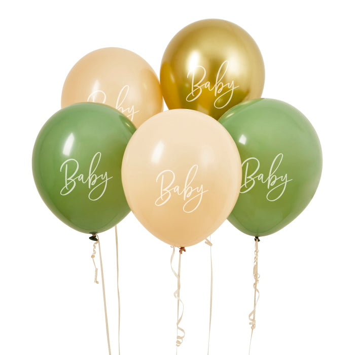 Sage, Nude and Gold Baby Shower Latex Balloons Pack of 5 | Party Save Smile