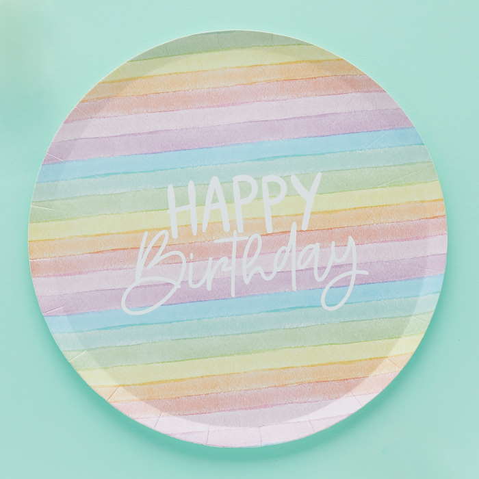 Pastel Rainbow Paper Plates ’Happy Birthday’ 8 Pack | Party Save Smile