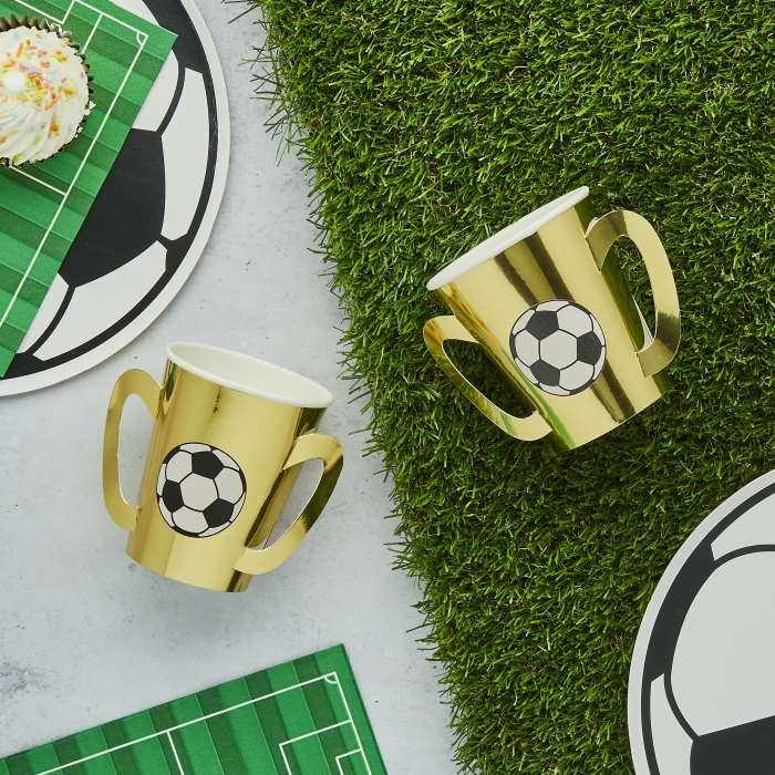 Gold Football Trophy Paper Cups 8 Pack | Party Save Smile