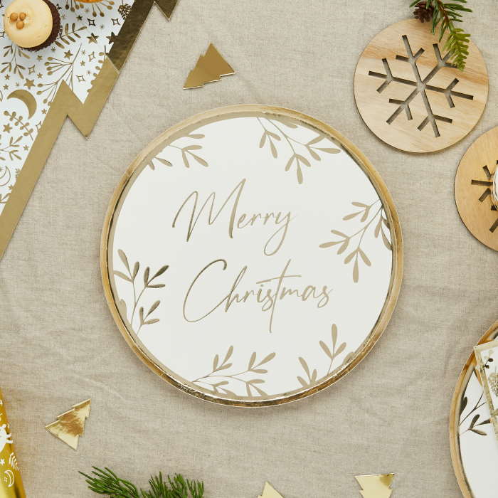 Gold Merry Christmas Paper Plates Pack of 8 | Party Save Smile