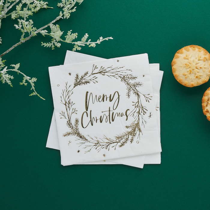 Gold Merry Christmas Wreath Napkins Pack of 20 | Party Save Smile