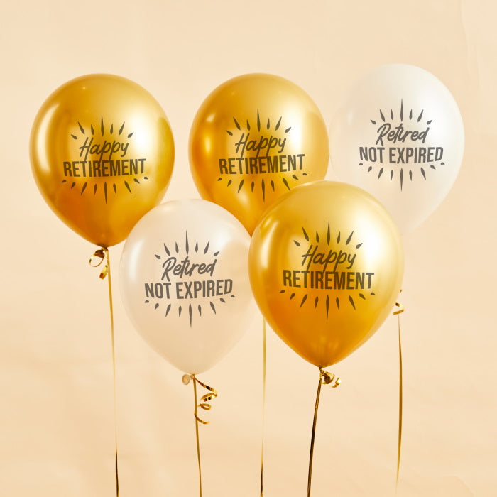 Gold and Cream Happy Retirement Latex Balloons 5 Pack | Party Save Smile
