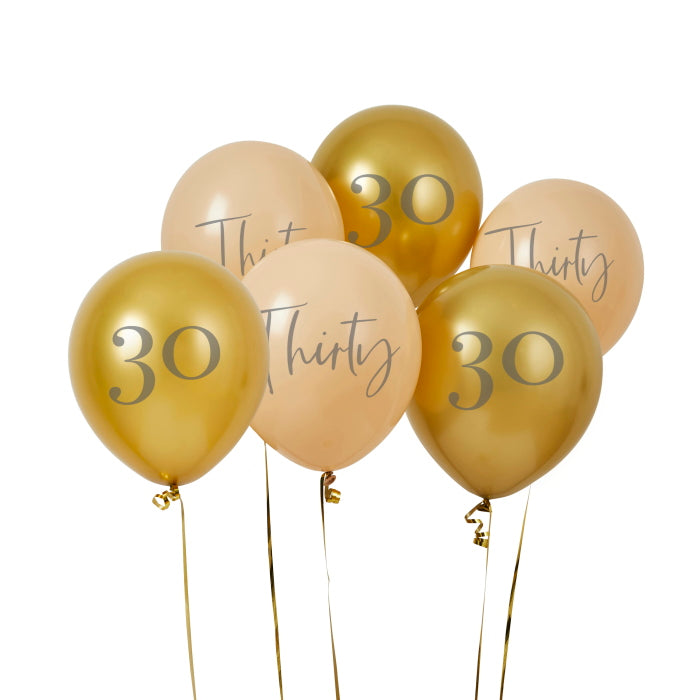 Gold and Nude Blush 30th Birthday Latex Balloons Pack of 6 | Party Save Smile