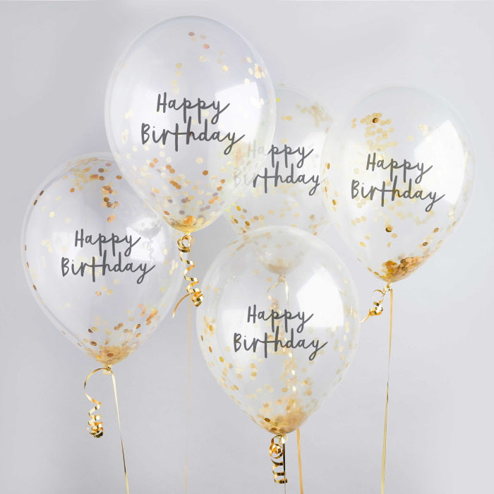 Gold Happy Birthday Confetti Latex Balloons Pack of 5 | Party Save Smile