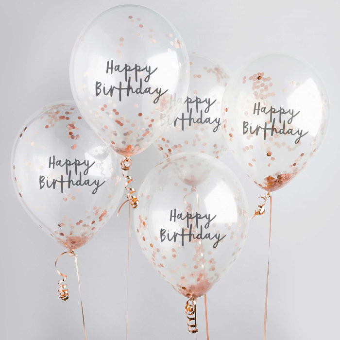Rose Gold Happy Birthday Confetti Latex Balloons Pack of 5 | Party Save Smile