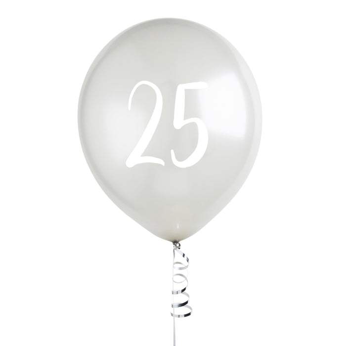 Silver 25th Birthday Latex Balloons Pack of 5 | Party Save Smile