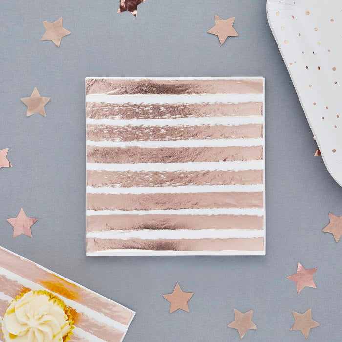 Rose Gold Striped Paper Napkins Pack of 16 | Party Save Smile