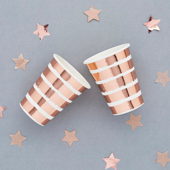 Rose Gold Striped Paper Cups Pack of 8 | Party Save Smile