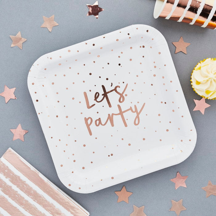 Rose Gold Lets Party Paper Plates Pack of 8 | Party Save Smile