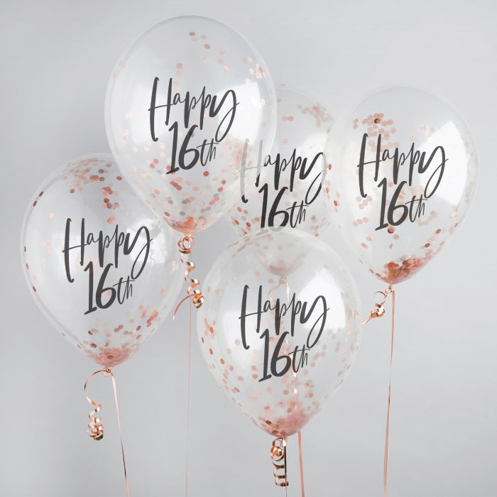 Rose Gold 16th Birthday Confetti Latex Balloons Pack of 5 | Party Save Smile