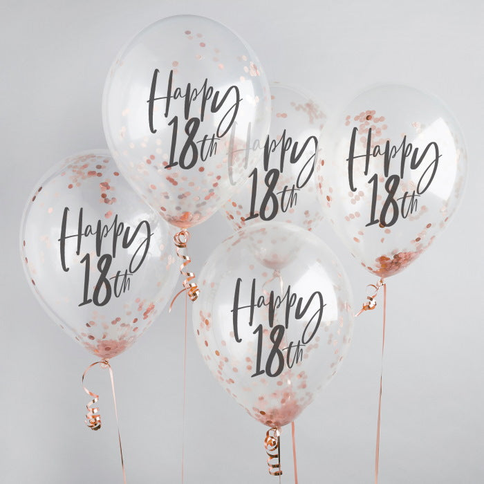 Rose Gold 18th Birthday Confetti Latex Balloons Pack of 5 | Party Save Smile