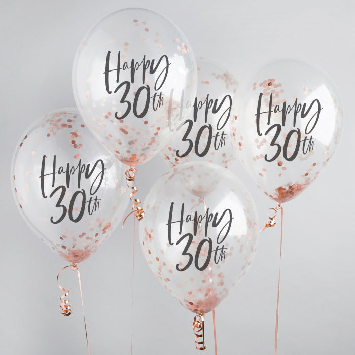 Rose Gold 30th Birthday Confetti Latex Balloons Pack of 5 | Party Save Smile