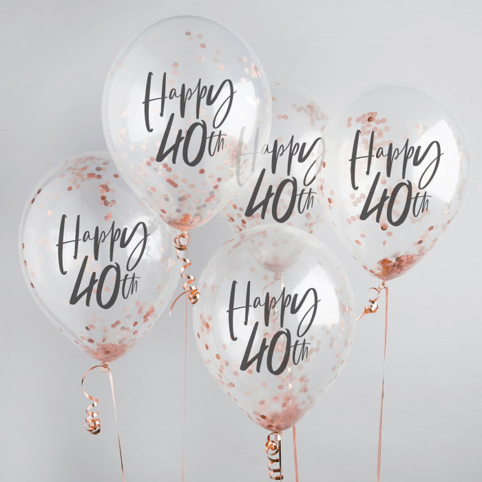 Rose Gold 40th Birthday Confetti Latex Balloons Pack of 5 | Party Save Smile