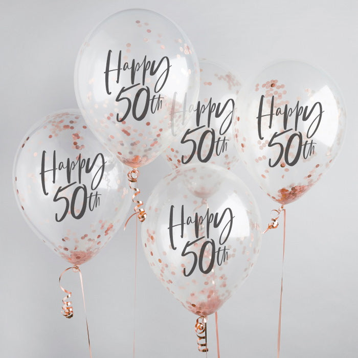 Rose Gold 50th Birthday Confetti Latex Balloons Pack of 5 | Party Save Smile