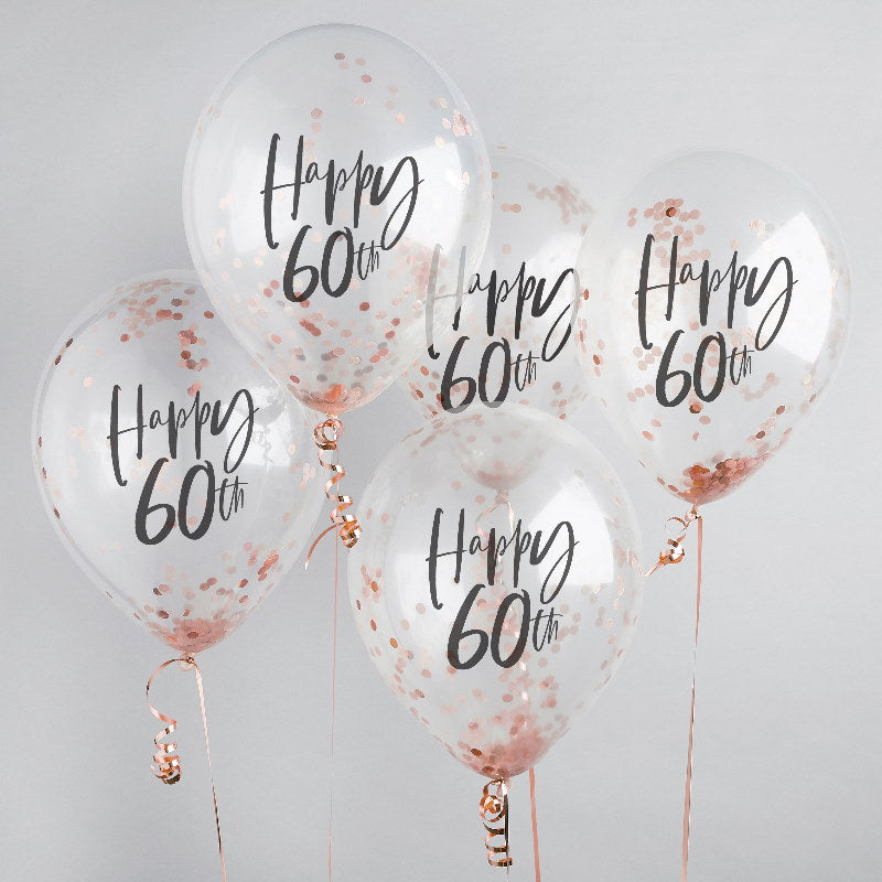 Rose Gold 60th Birthday Confetti Latex Balloons Pack of 5 | Party Save Smile
